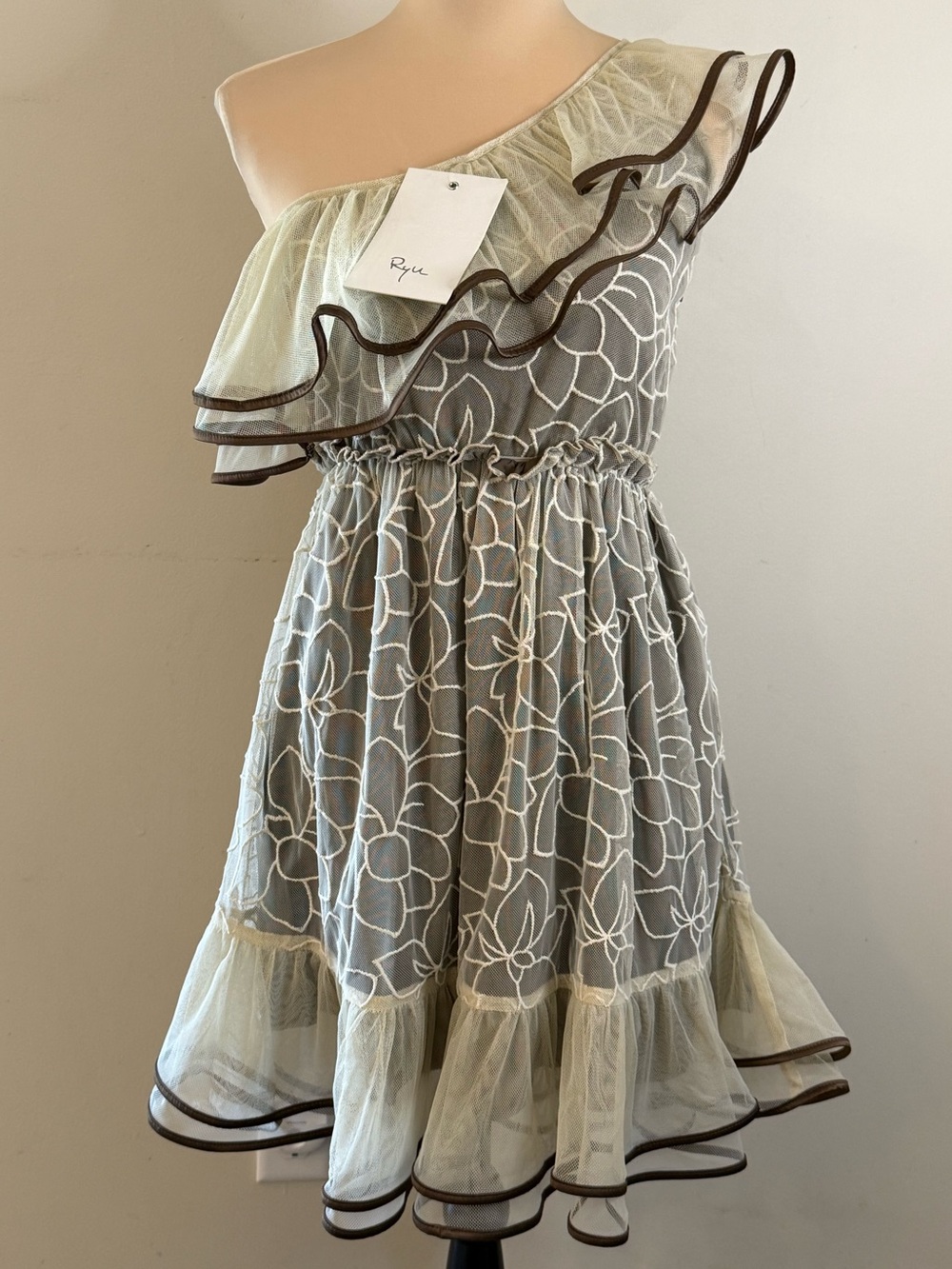RYU ruffled embroidered one shoulder dress mesh overlay